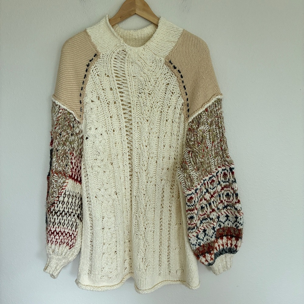 Free People Mixed and Mended Sweater Womens L Cream Patchwork Cable Knit Chunky
